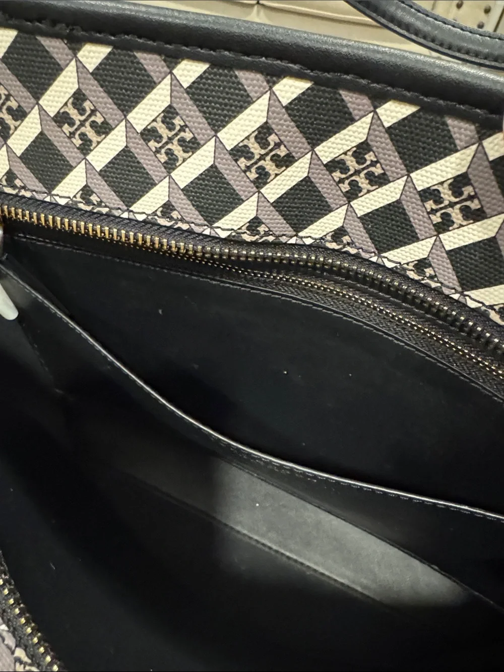Tory Burch Bag Geo Logo Black & White Print Leather Tote Bag Satchel Crossbody